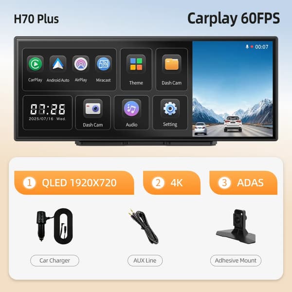 Dashboard Kamera, 4K Opløsning, Trådløs Forbindelse,H70 Plus