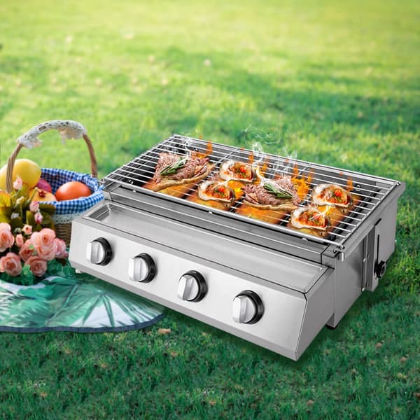 Grill, 4 brännare, bärbar LPG-gas,silver