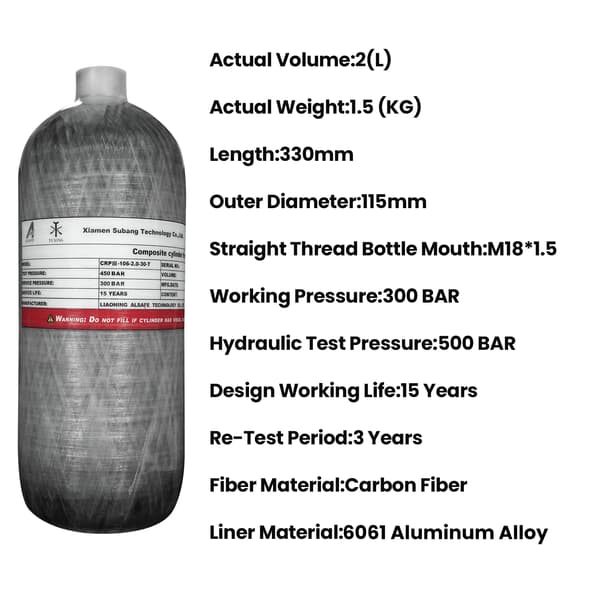Högtryckstank, 2L kapacitet, kolfiber- och aluminiumkonstruktion,2L