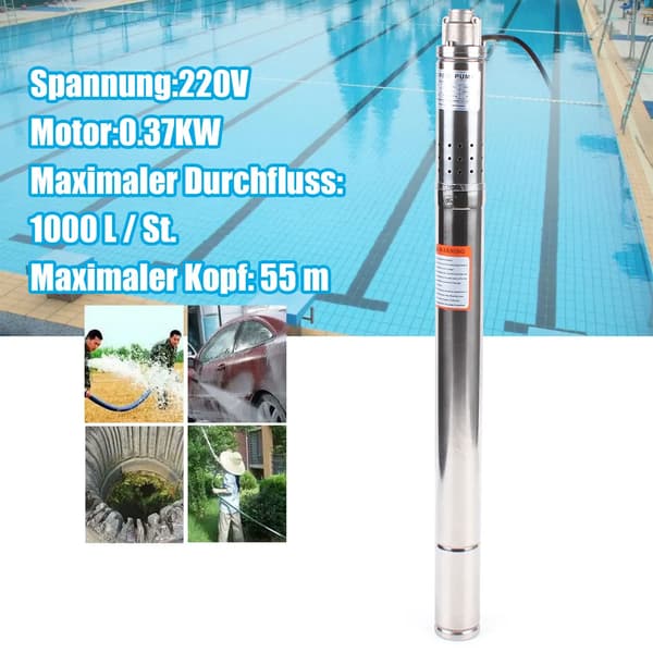 Dybbrøndspumpe, Rustfrit Stål Krop, Høj Flow Rate,EU, Sølv, 220V