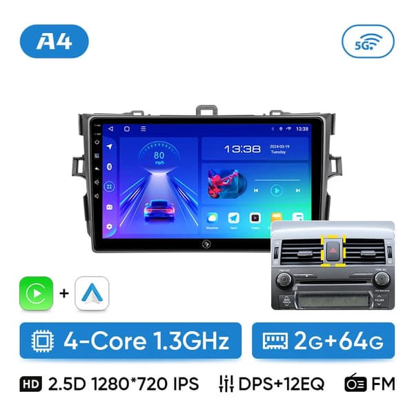 Bilstereo, Touchskærm, Multimedia Support, kompatibel med Toyota Corolla Auris E140 E150,A4 2G 64G Corolla