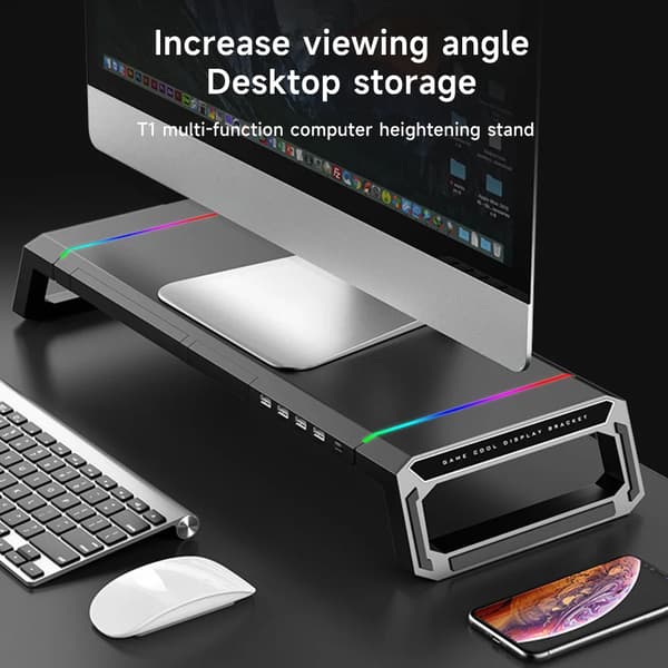 Monitorstand, Foldbart Design, USB 3.0 Porte,sort