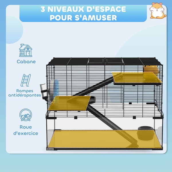 Hamsterbur, rummelig multi-niveau design, inkluderer essentielle tilbehør,sort