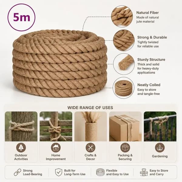 Jute Snor, 5 Meter Længde, 40 mm Tykkelse,Marron