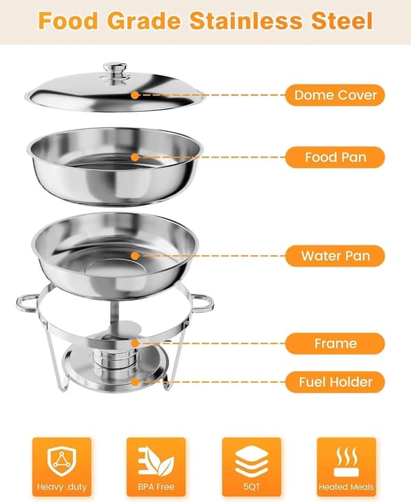 Chafing Dish, Rustfrit Stål, 5 Quart Kapacitet, 14 tommer Diameter, Ideel til Buffetbrug, Inkluderer Låg og Ske