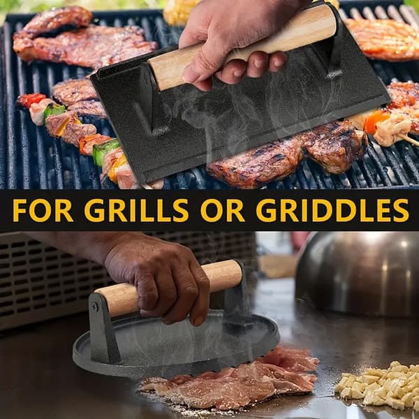 Kødpress plade, trækonstruktion, rektangulær form, ideel til grillning, ikke-giftigt materiale, jævn varmefordeling
