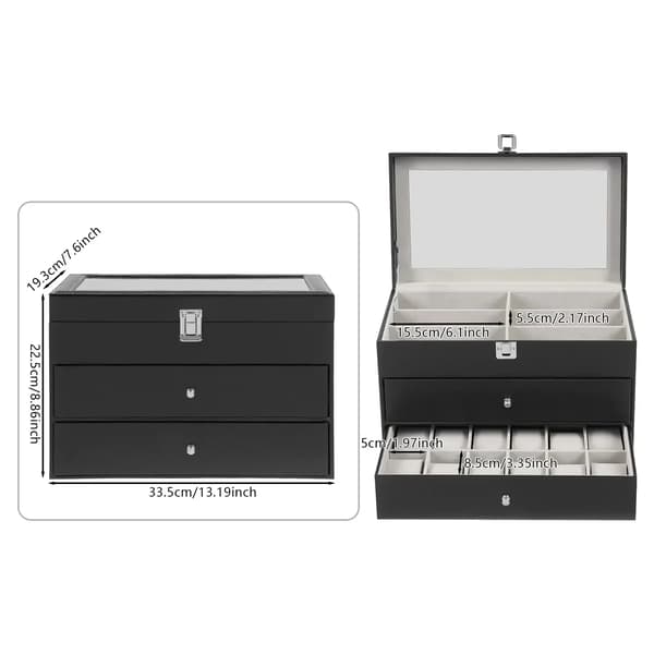 Ur og solbrille organizer, 24 rum, holdbart design,sort