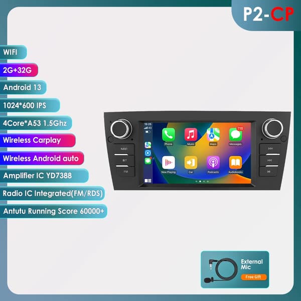 Carplay, multimedieafspiller, smartphoneintegration, kompatibel med BMW 3 Serie E90 E91 E92 E93 06 - 12,P2 CP-4Core-2G 32G