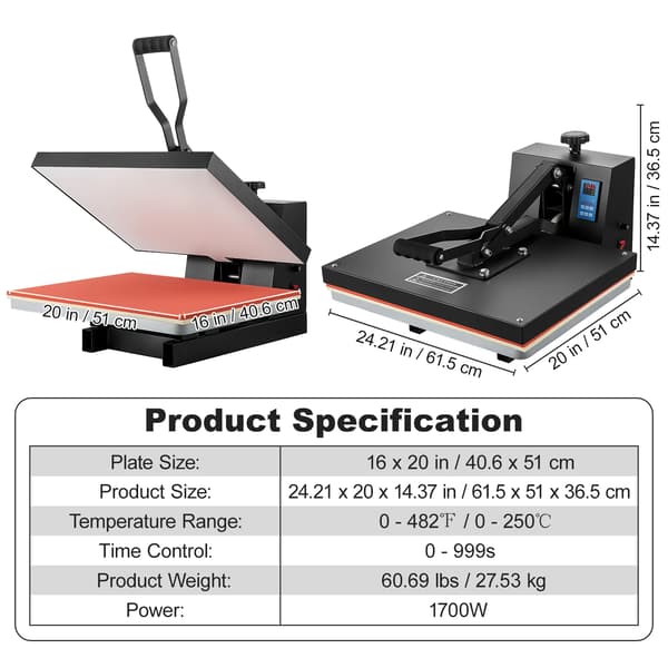 Varmepresser, Digital Kontrol, Justerbart Tryk,Sort 16in x 20in