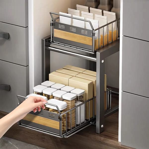 Under Sink Organizer, Utrækkelig Skydedesign, Pladsbesparende Rack,Grå