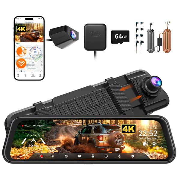 Dash Cam, 4K-upplösning, dubbellinssystem, MED HÅRDKABELSET, Gratis 64G TF