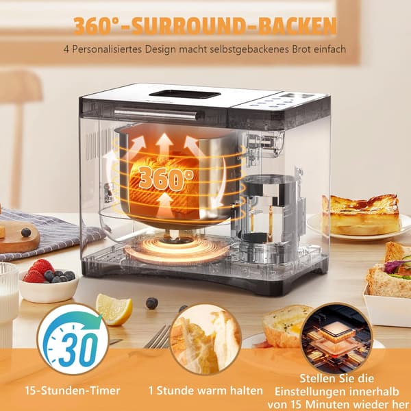 Brødmager, 20 Programmer, 15-Timers Timer, 2lb Kapacitet, Rustfrit Stål, Dimensioner 354x258x287mm