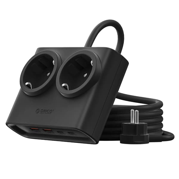 Strømstik, 2 AC-stik, 2 USB-porte,25W EU Sort