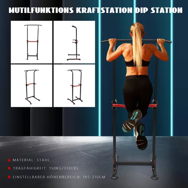 Pull Up Dip Station, Justerbar Højde 165-210cm, 150kg Kapacitet, Robust Stålmateriale, Kompakt Design, Samling Påkrævet