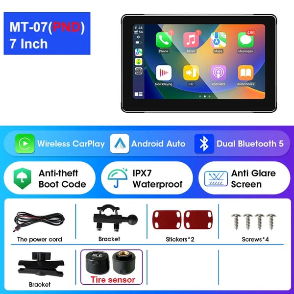 Moottoripyörän multimedia-soitin, langaton CarPlay, Android Auto,MT-07 7Inch