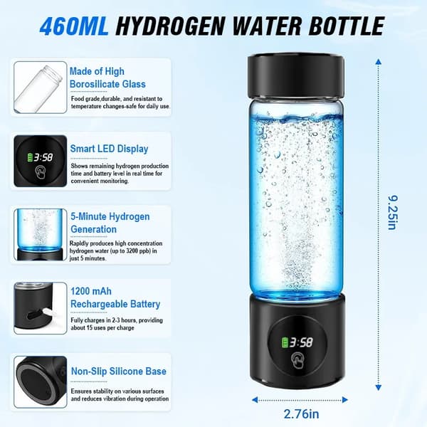 Hydrogen Vand Generator, Dobbelt Kammer Teknologi, Bærbart Design,sort