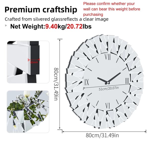 Väggklocka, Spegeldesign, Tyst rörelse,Silver