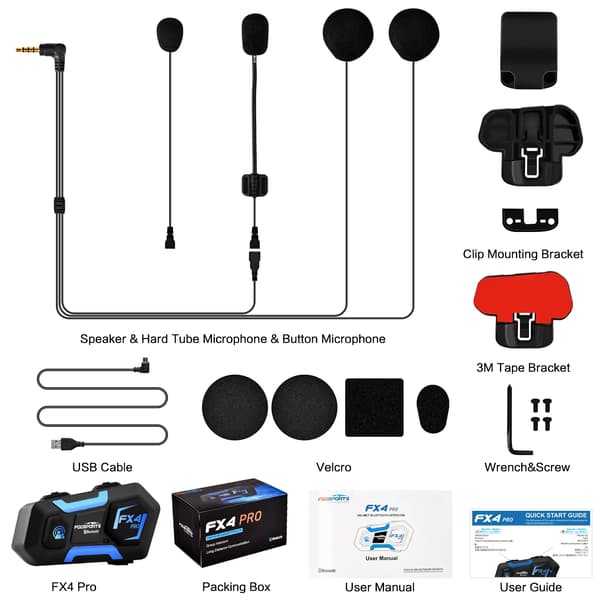 Hjelmheadset, Bluetooth 5.0, 1000m rækkevidde,1 stk FX4 Pro