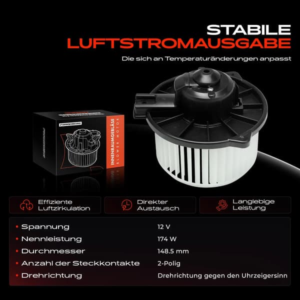 Indvendig Blæsermotor, 12V, 174W, 148,5mm Diameter, 2 Stikforbindelser, Mod Urets Retning