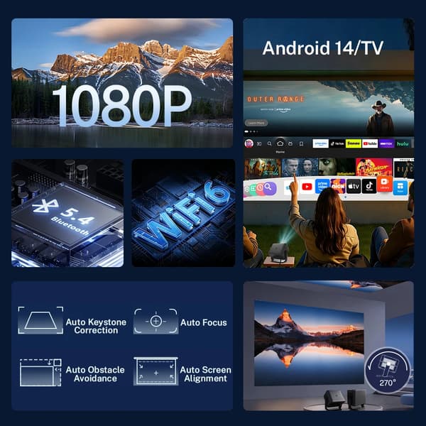 Projektor, 1080P opløsning, WiFi og Bluetooth-forbindelse,100V-240V EU stik