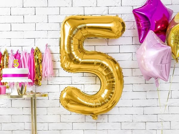 Folieballon, Nummer 5, Guld Farve,32tommer, Guld, Nummer