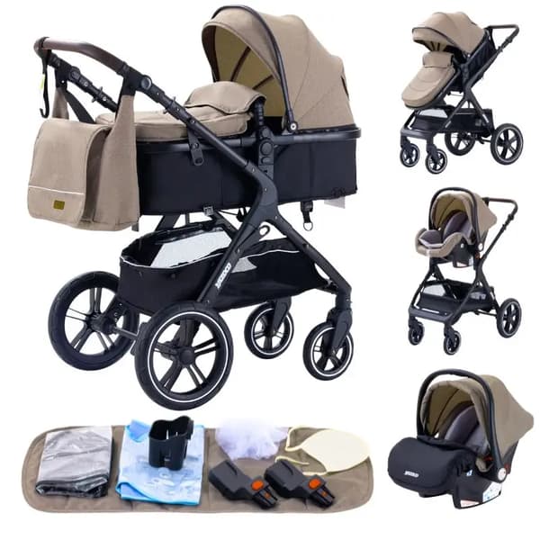 Barnevogn, 3 i 1 design, sammenklappelig struktur,HX1 khaki