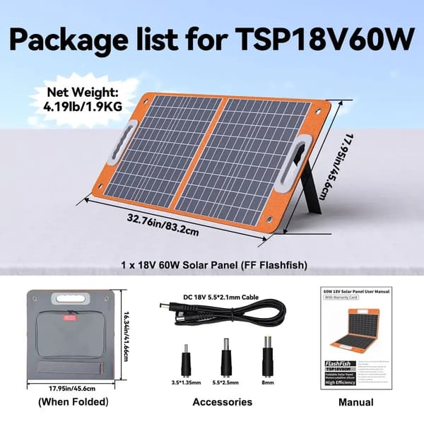 Solpanel, Fällbar Design, 60W Effektutgång,TSP18V60W