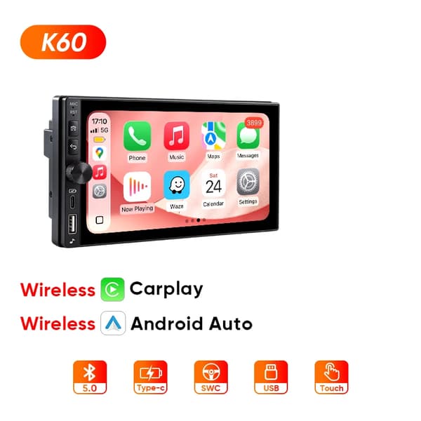 Bilradio, IPS pekskärm, smartphoneintegration,K60 Trådlös