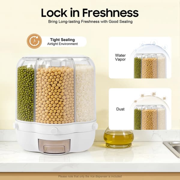 Risdispenser, 20 lbs kapacitet, 6-rums design, lufttæt forsegling, holdbart ABS-materiale, pladsbesparende