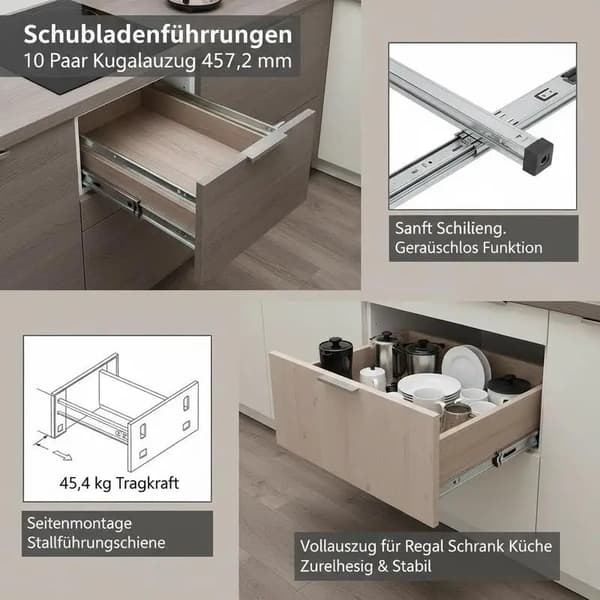 Lådskenor, kullager, mjukstängningsfunktion, Typ1