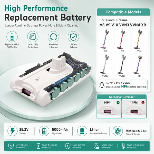 Erstatningsbatteri, 5000mAh kapacitet, overbelastningsbeskyttelse,VVN3