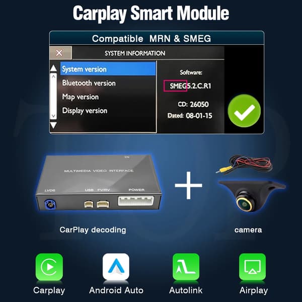 CarPlay Android Auto Interface, Problemfri Forbindelse, Forbedret Lydkvalitet,Manuel OEM kamera smeg+CAM