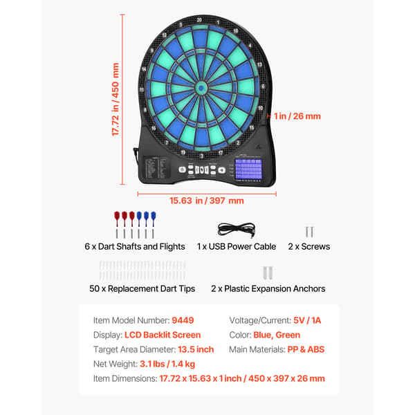 Dartskive, 48 Spiltilstande, LED Skærm,13,5 tommer