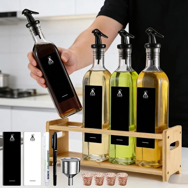 Olja och Vinäger Dispenser Set, Läcksäker Design, Bambuställning,4Pcs500ml