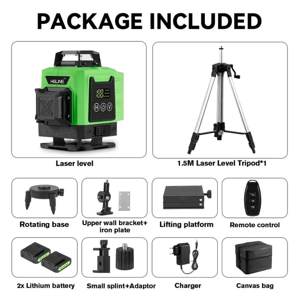 Lasernivå, 16 linjer, automatisk nivelleringsfunktion, 1.5M stativset