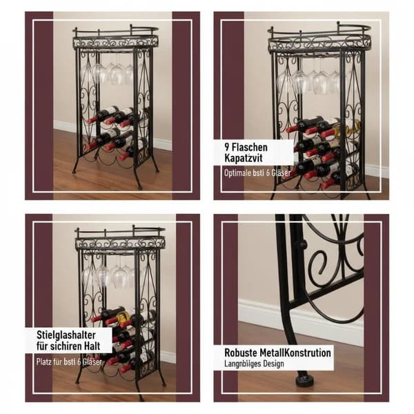 Flaskeholder, Rummer 9 Flasker, Elegant Metal Design,sort