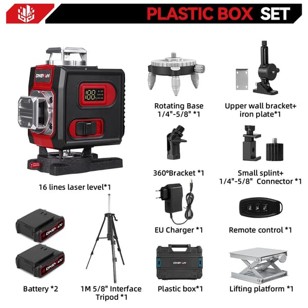 Laser Level, 16 Lines, Remote Control Activated, 2-Battery Tripod Set