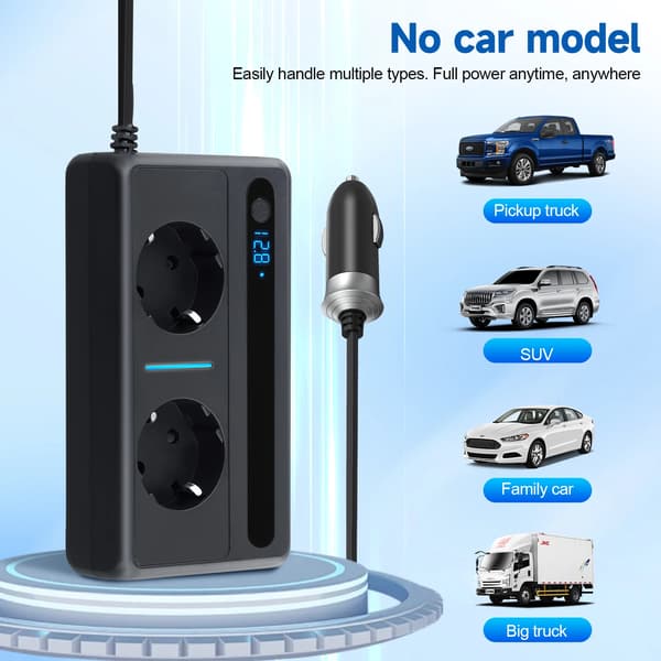 Bilspændingsomformer, 200W Effekt, Dobbelt AC- og USB-opladningsporte,sort
