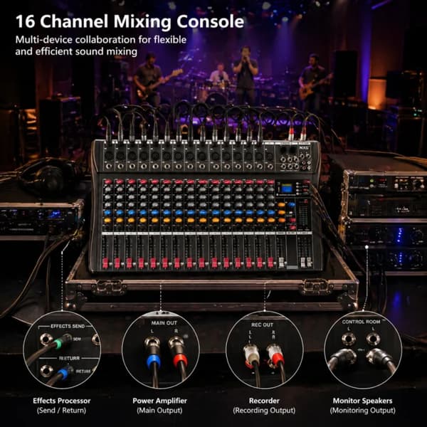 Lydmixer, 16-kanaler, 60mm faders, Bluetooth-kompatibilitet, USB MP3-afspiller understøttelse, DC-strømkilde