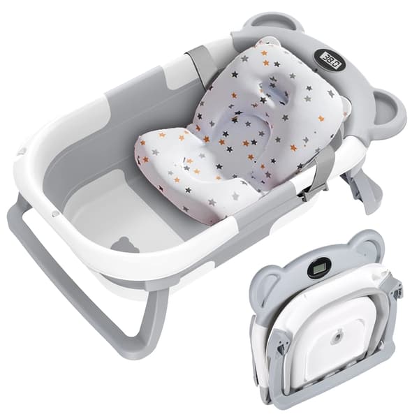Babytub, Fällbar Design, Integrerad Termometer, Grå