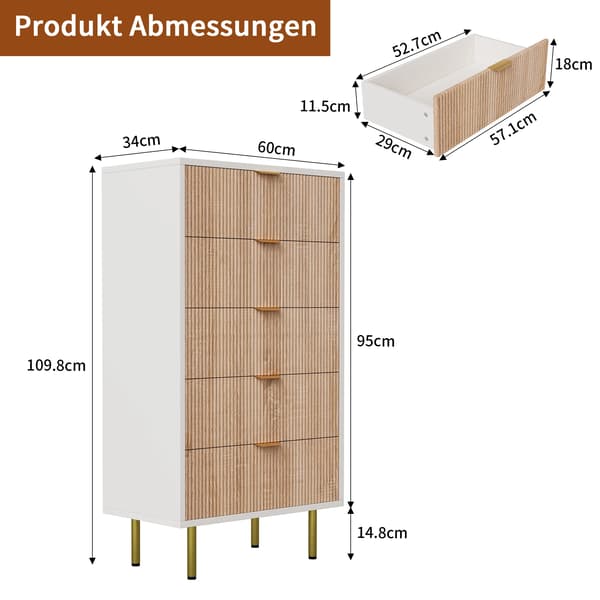 Kommode, 5 Skuffer Opbevaring, Moderne Minimalistisk Design,Hvid+Træfarve