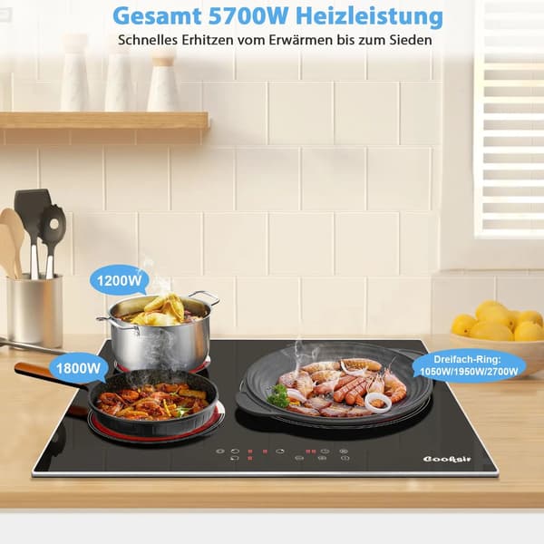 Indbygget keramisk kogeplade, 3 zoner, 5700 W,sort