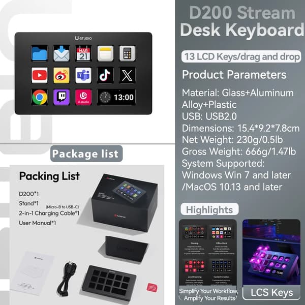 Streaming Controller, 13 Programmerbare Taster, Kompakt Design,D200