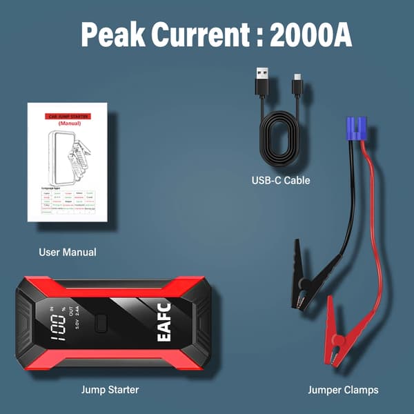 Bil Jump Starter, 1200A Spidsstrøm, Bærbar Batteri Booster,2000A