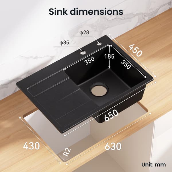 Køkkenvask, Komposit Granit, Enkelt Skål Design,Sort