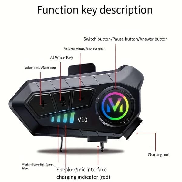 Hjelmheadset, Bluetooth 5.3, IP66 Vandtæt, 1000 mAh Batteri, Støjdæmpning, Understøtter Intercom