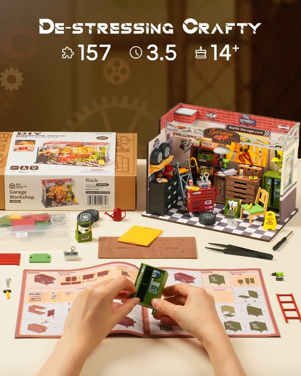 Mini Garage Workshop Kit, Intrikat Samling, LED Lys Inkluderet,Garageværksted