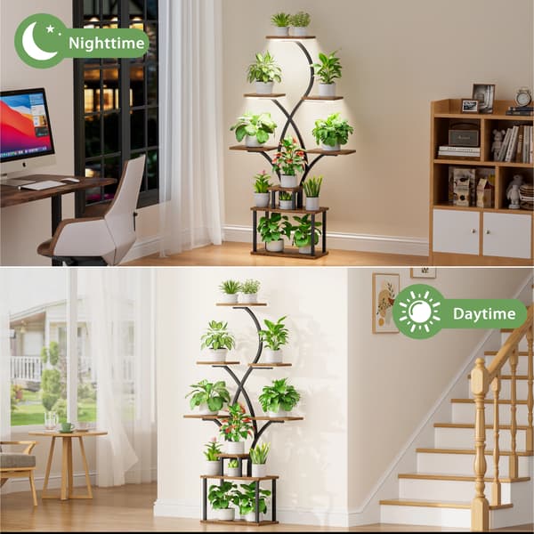 Växtställ, 8-nivådesign, integrerade växtlampor,svart brun