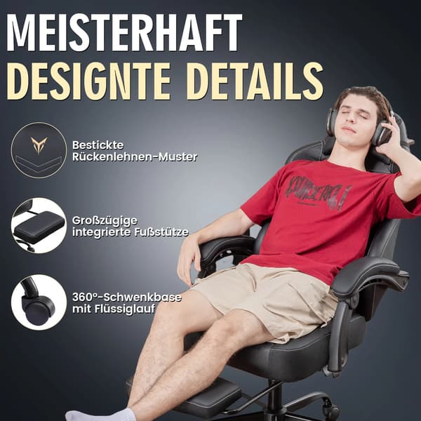 Spelstol, Ergonomisk Design, Justerbart Fotstöd,BLK