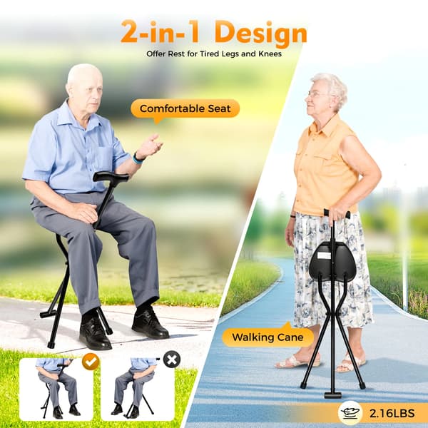 Fällkäpp med Säte, Lättviktsdesign, Ergonomisk Komfort,Svart